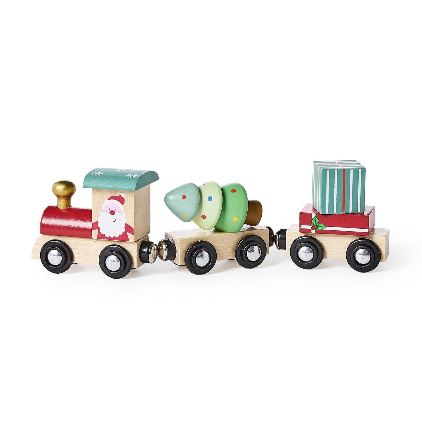 Here Comes Santa 3 Pc Hand-Crafted Wooden Magnetic Train Set in Gift Box