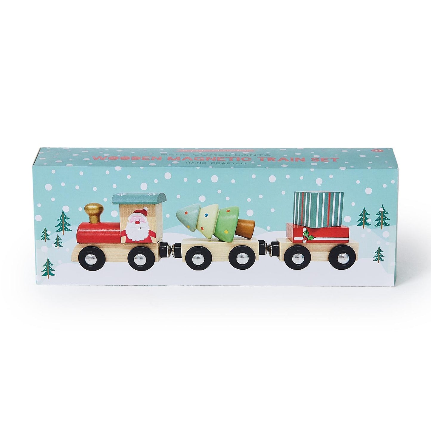 Here Comes Santa 3 Pc Hand-Crafted Wooden Magnetic Train Set in Gift Box
