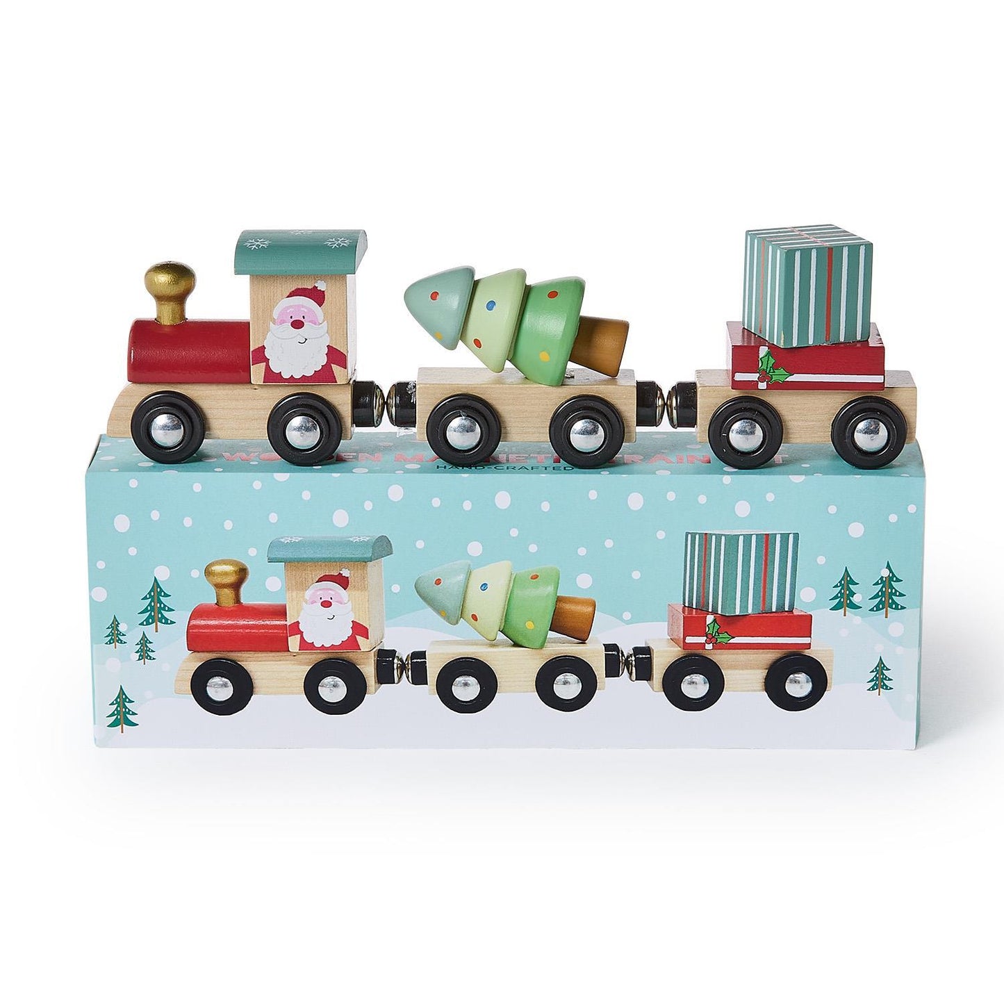 Here Comes Santa 3 Pc Hand-Crafted Wooden Magnetic Train Set in Gift Box