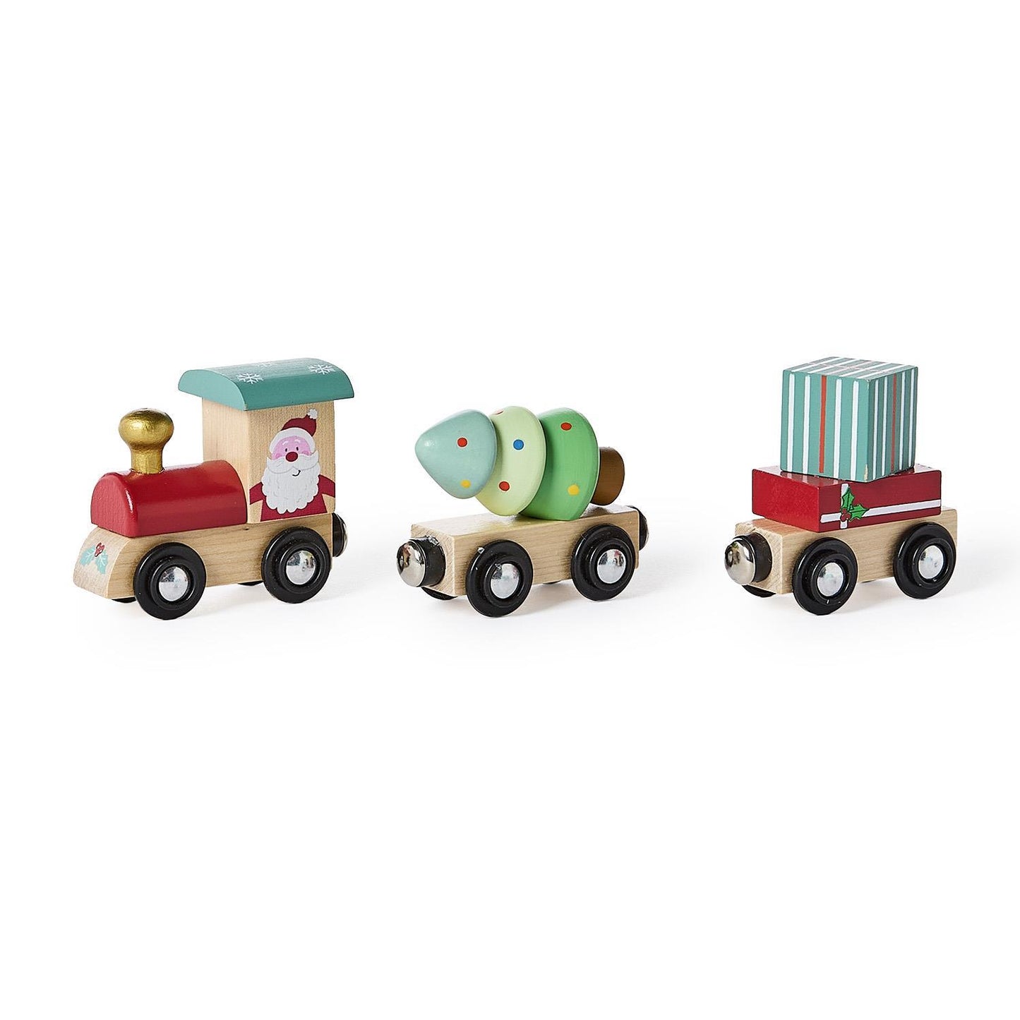 Here Comes Santa 3 Pc Hand-Crafted Wooden Magnetic Train Set in Gift Box