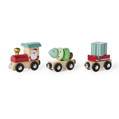 Here Comes Santa 3 Pc Hand-Crafted Wooden Magnetic Train Set in Gift Box