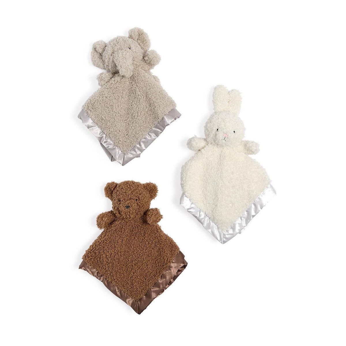 Three chenille plush animal lovey security blankets with satin trim - grey elephant, brown bear and cream bunny