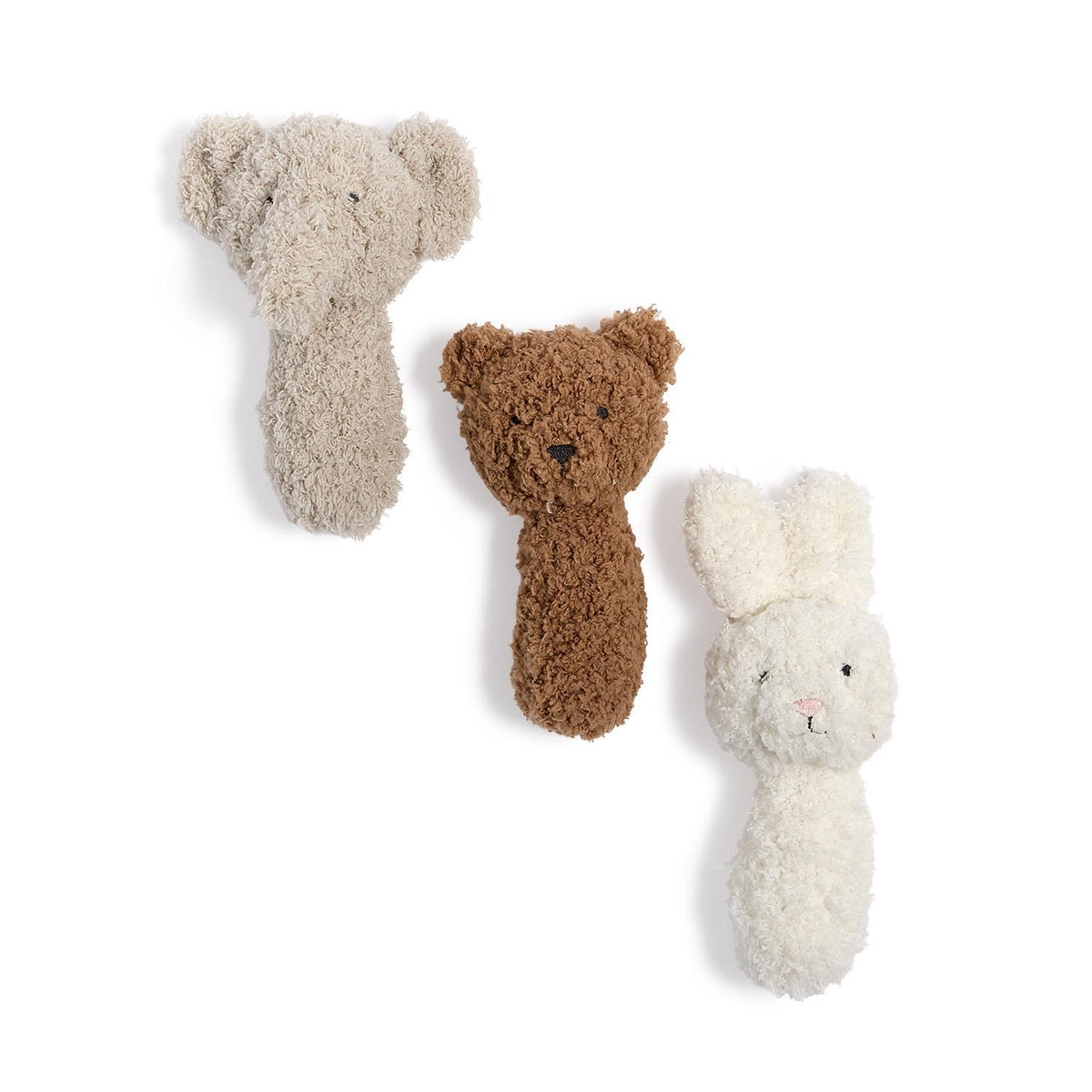 Three chenille plush baby rattles - grey elephant, brown bear and cream bunny