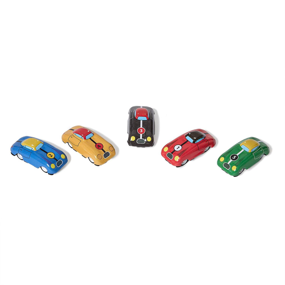 Vintage mini tin race cars with matchbox boxes in five colors