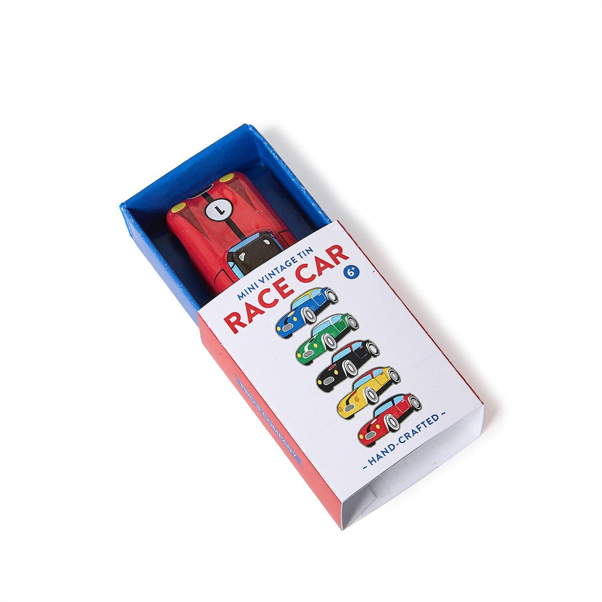 Mini tin race car in matchbox packaging