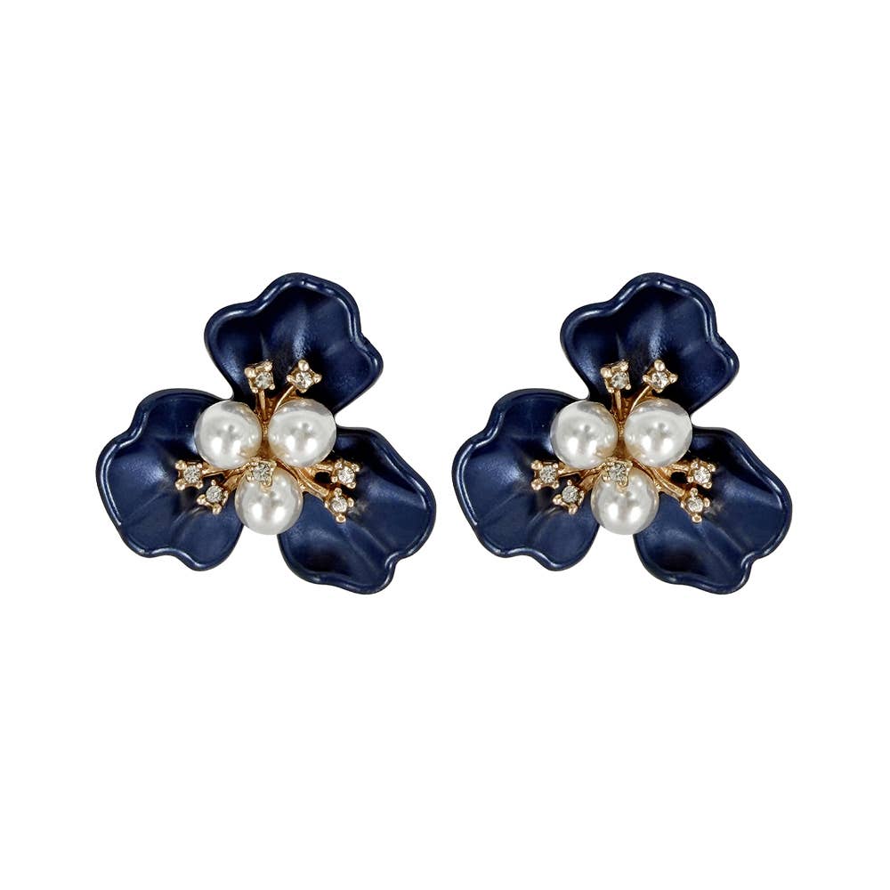 Fornash Gardenia Earrings in navy - pearl petal flower earrings with gold and crystal center