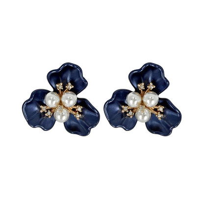 Fornash Gardenia Earrings in navy - pearl petal flower earrings with gold and crystal center