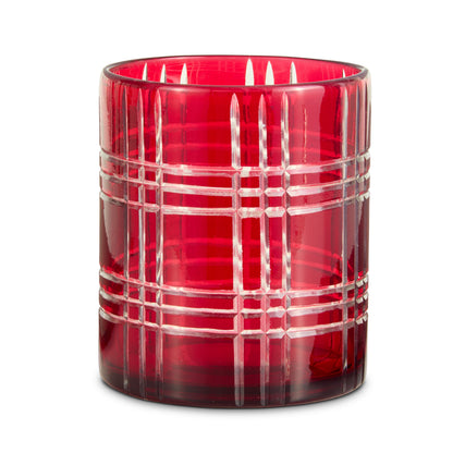 6 inch red glass container with etched plaid pattern
