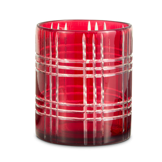 6 inch red glass container with etched plaid pattern