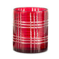 6 inch red glass container with etched plaid pattern