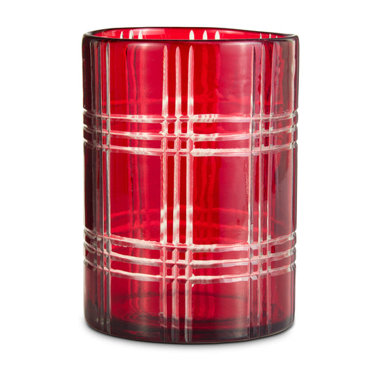 8 inch red glass container with etched plaid pattern