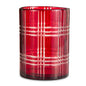 8 inch red glass container with etched plaid pattern