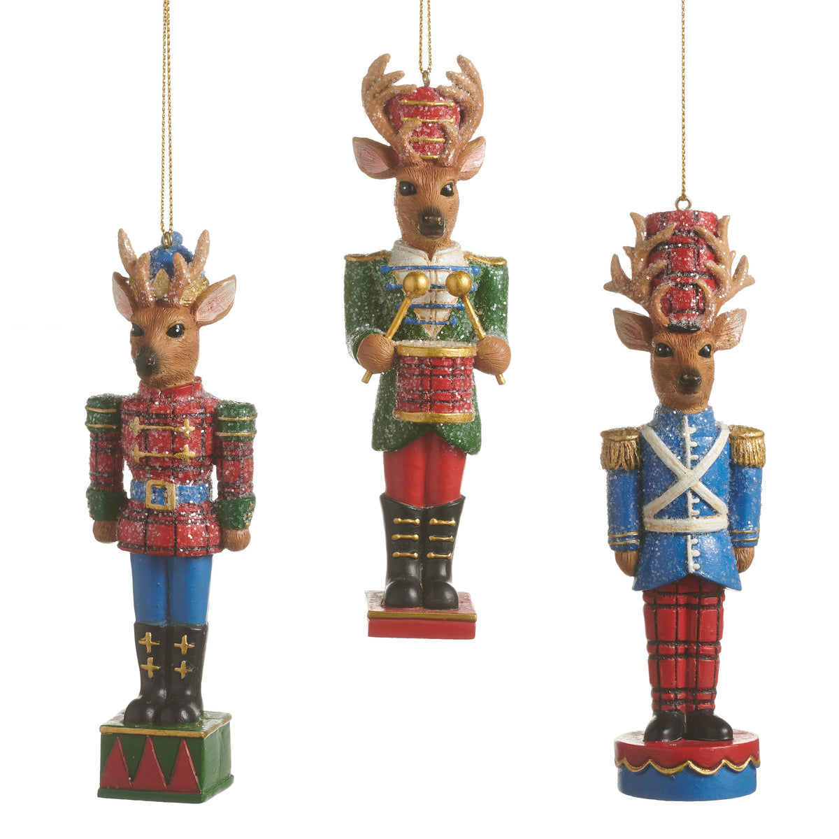 Three deer nutcracker Christmas ornaments in red, green and blue toy soldier coats