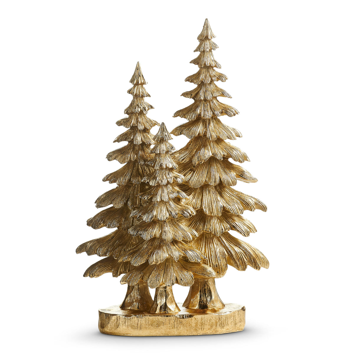 Three gold resin spruce trees on a single base, 16 inch tabletop Christmas decor