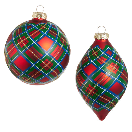 Red and green plaid glass Christmas ornaments, round ball and teardrop shapes