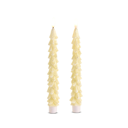 Set of 2 glittered gold Christmas tree LED taper candles, 8.5 inch