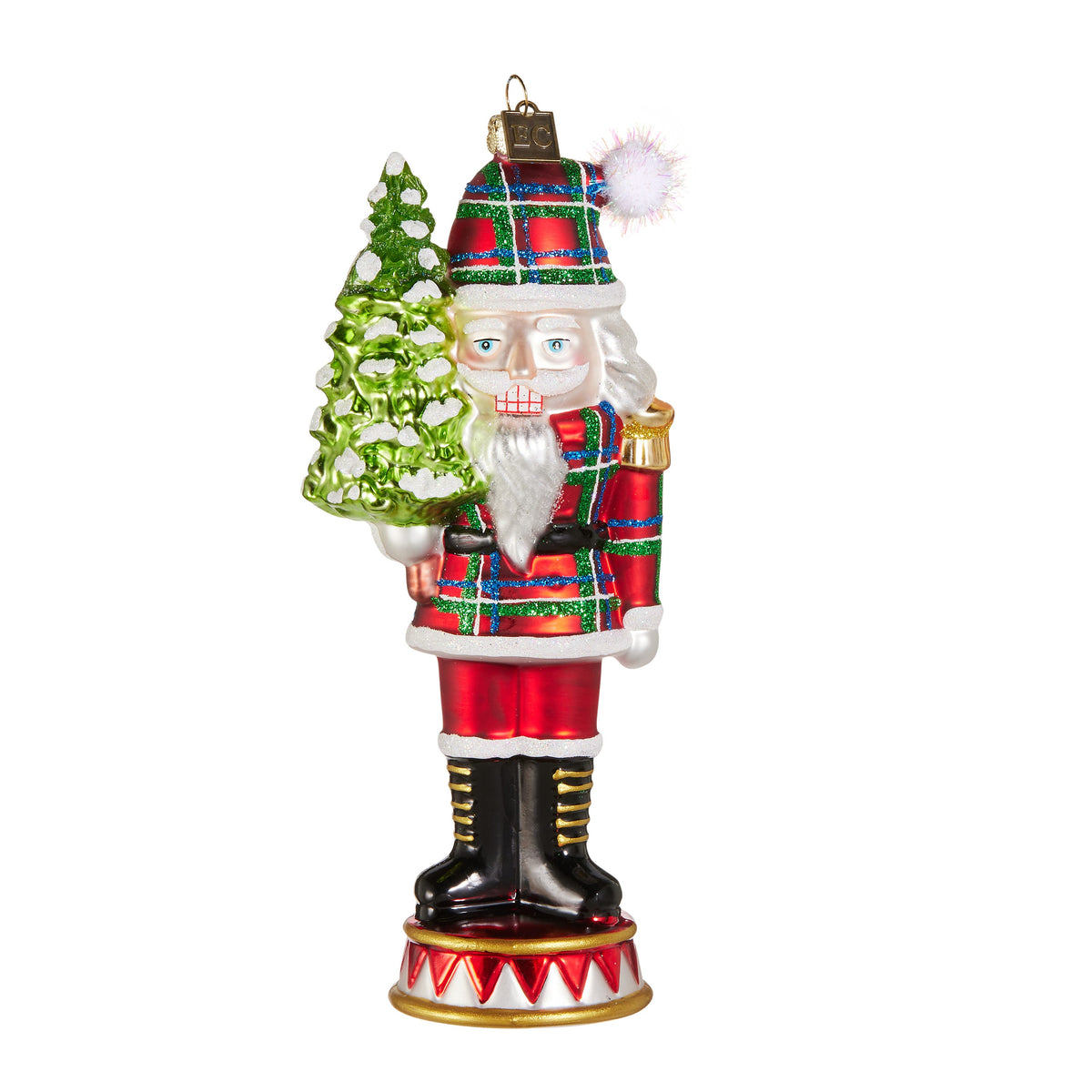 7.5 inch plaid nutcracker glass Christmas ornament holding a snowy tree