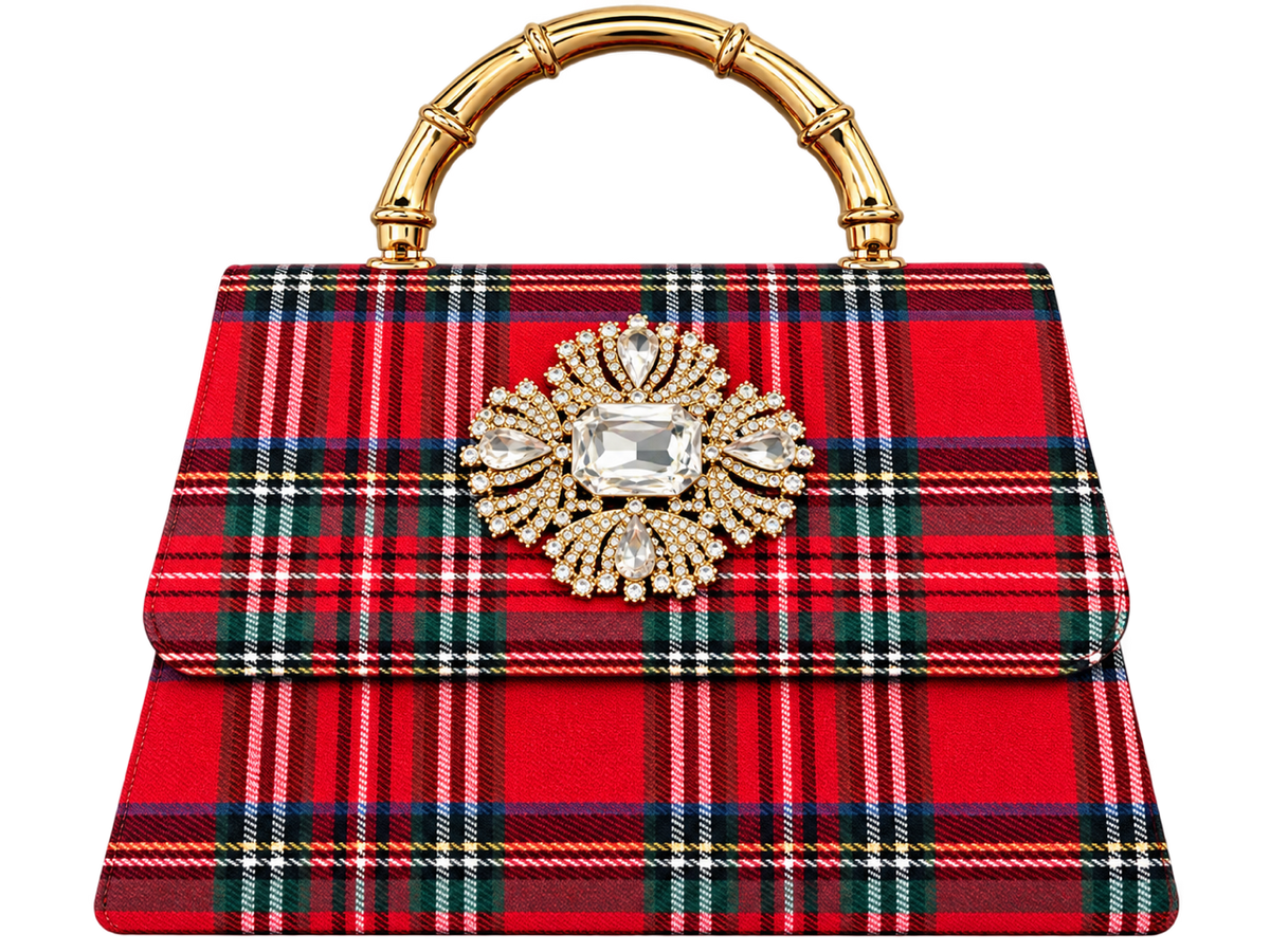 Red Plaid Lulu with Gold Bamboo Handle, Gold Charms