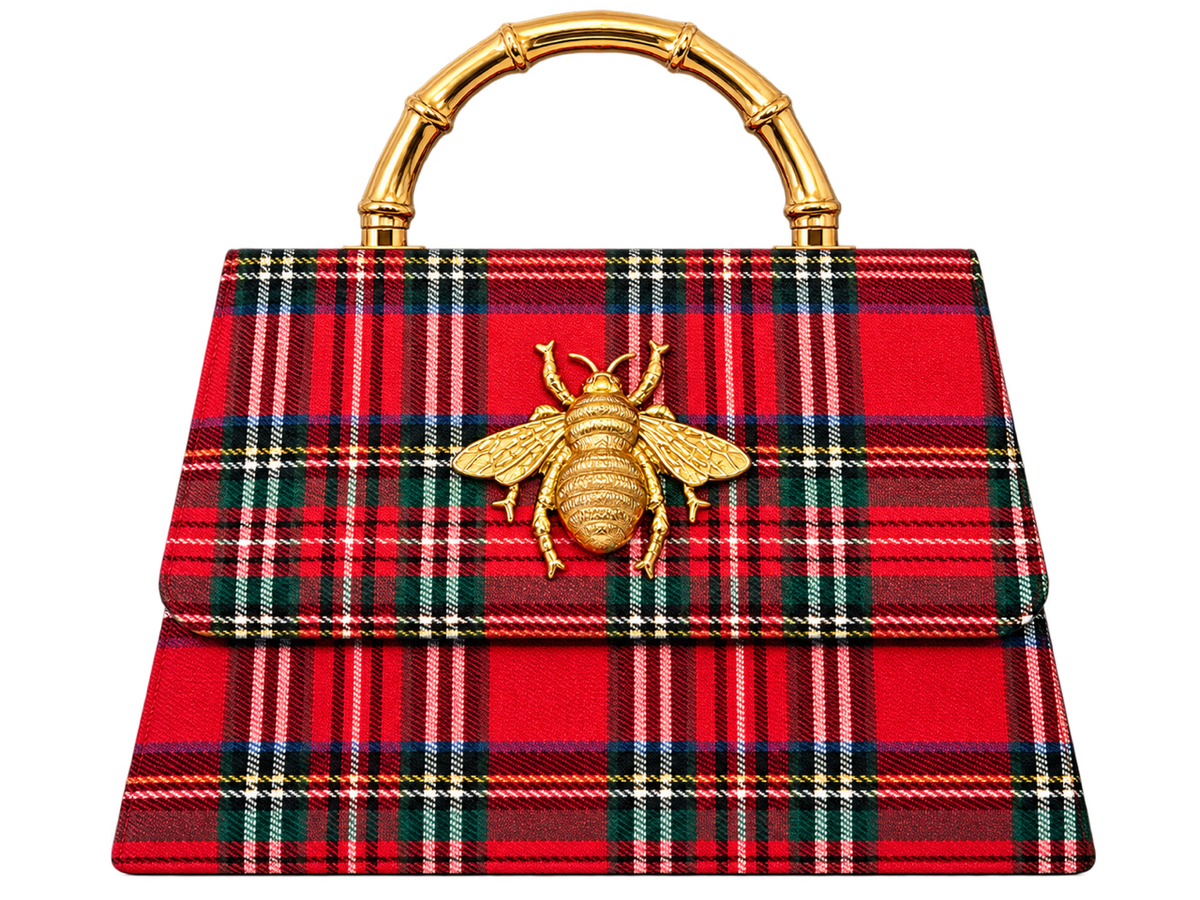 Red Plaid Lulu with Gold Bamboo Handle, Gold Charms