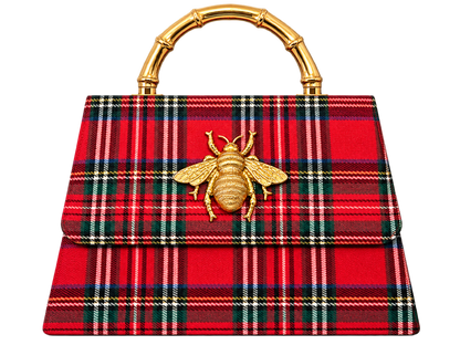 Red Plaid Lulu with Gold Bamboo Handle, Gold Charms
