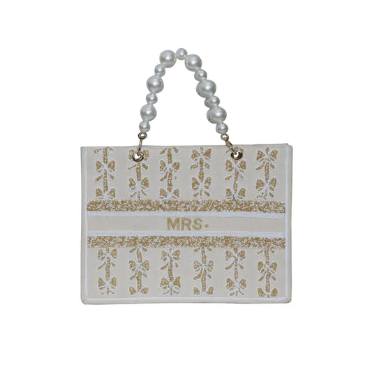 Gold 'Mrs.' Bow Beaded Mini Tote with Pearl Handle