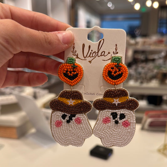 Ghost w/ Hat & Pumpkin Beaded Earrings