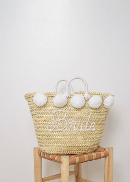 'Bride' Straw Tote with Pom-Poms for Weddings