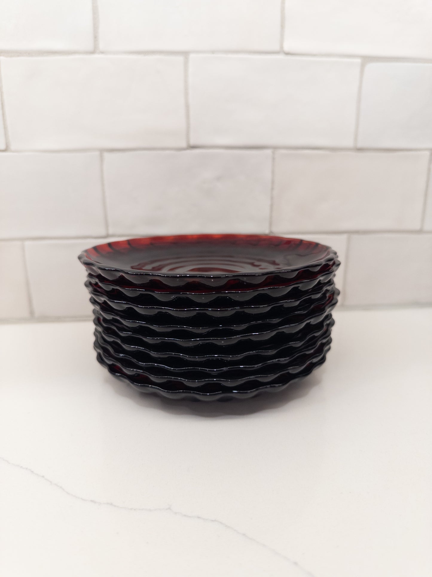 S/9, Vintage Bubble Ruby Red Tea Cup Saucers