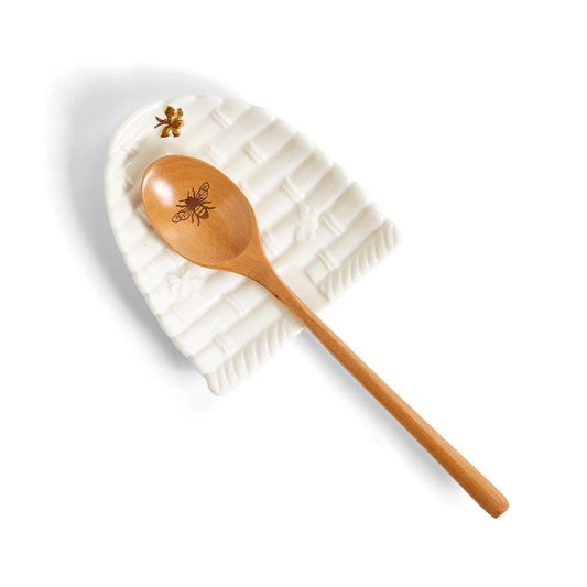 Bee Skep Spoon Rest W/Wooden Spoon