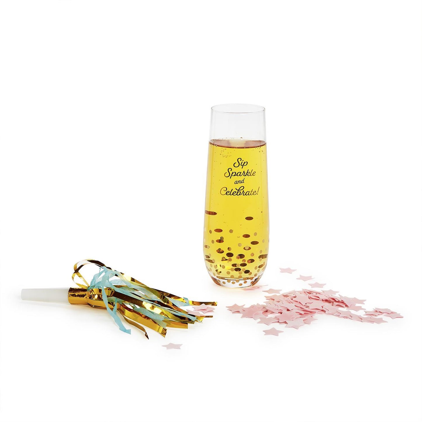 Stemless Champagne Glass with Star Bath Confetti and Noise Maker