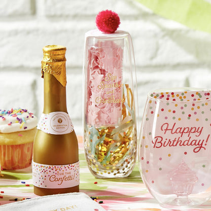 Stemless Champagne Glass with Star Bath Confetti and Noise Maker