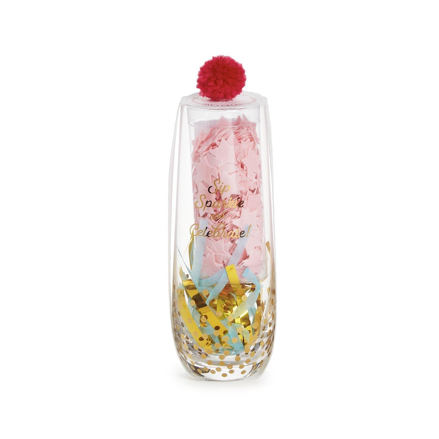 Stemless Champagne Glass with Star Bath Confetti and Noise Maker