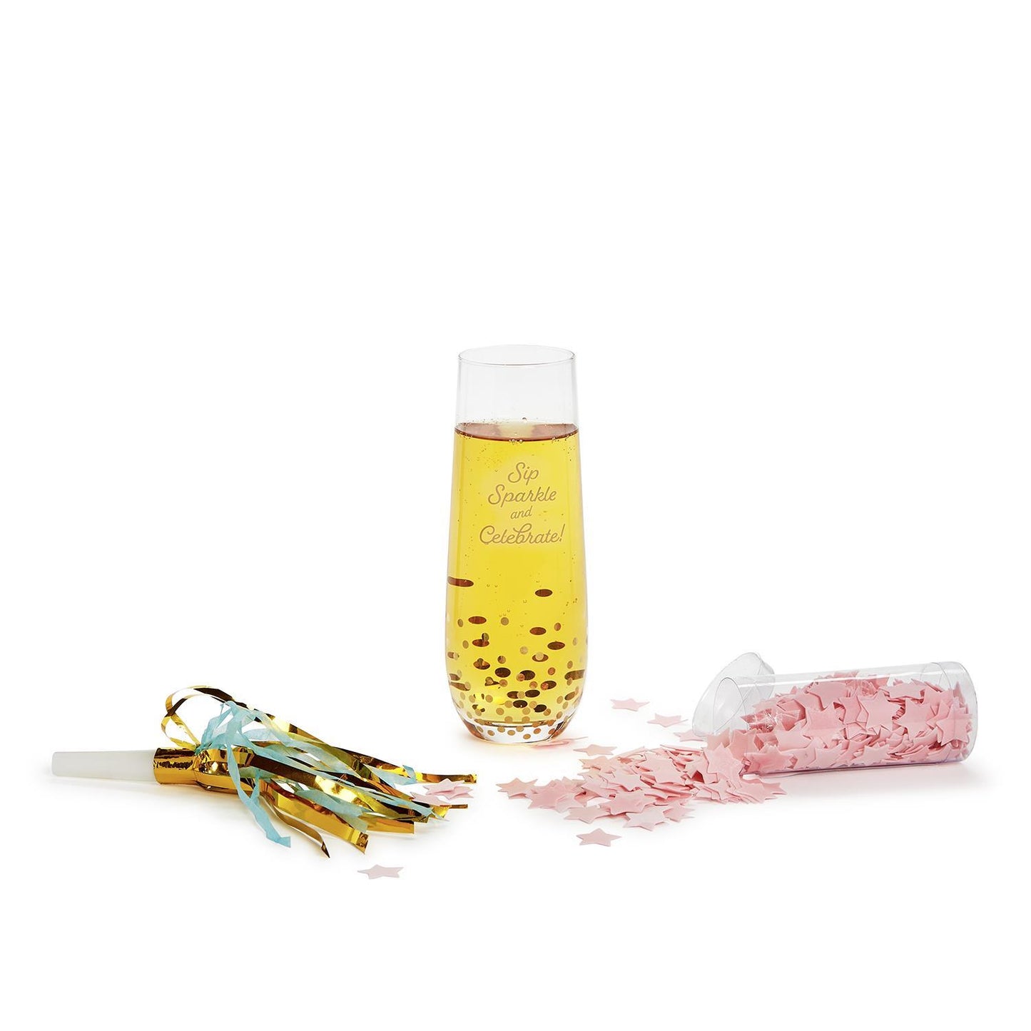 Stemless Champagne Glass with Star Bath Confetti and Noise Maker
