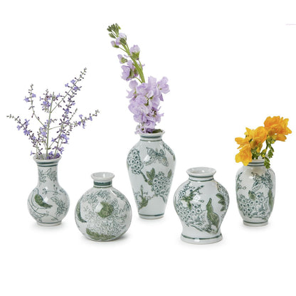 Primrose and Lotus Hand-Painted Mini Green and White Chinoiserie Vases (*Multiple Sizes*)