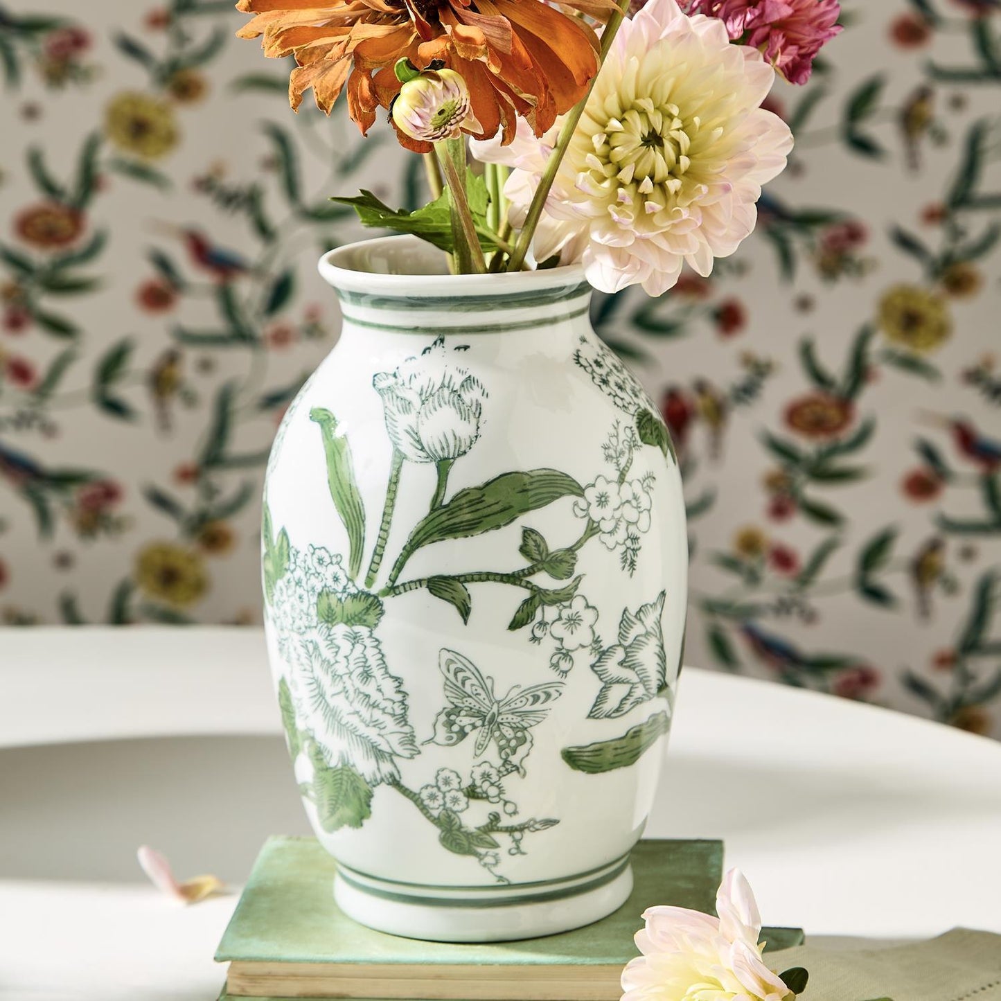 Primrose and Lotus Hand-Painted Mini Green and White Chinoiserie Vases (*Multiple Sizes*)