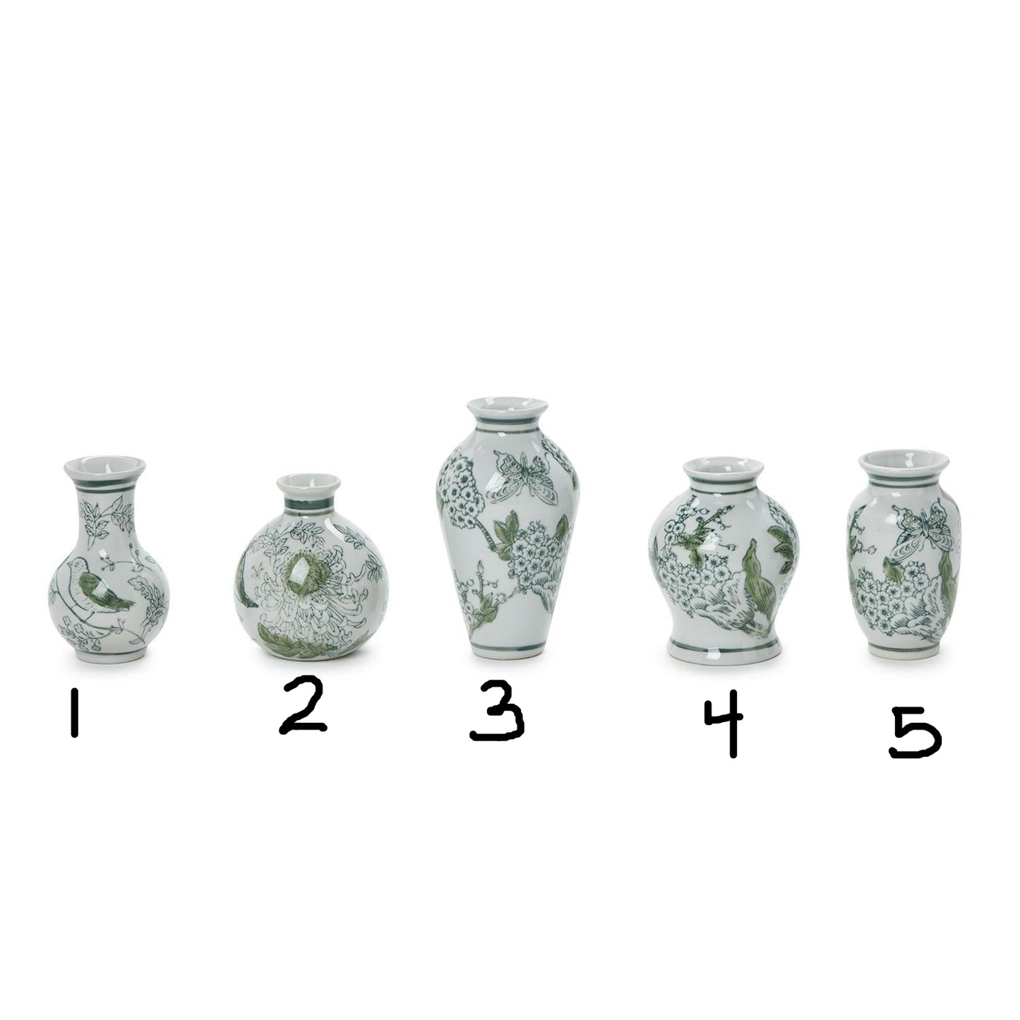 Primrose and Lotus Hand-Painted Mini Green and White Chinoiserie Vases (*Multiple Sizes*)