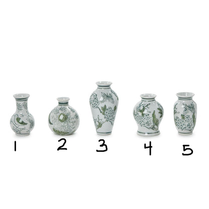Primrose and Lotus Hand-Painted Mini Green and White Chinoiserie Vases (*Multiple Sizes*)