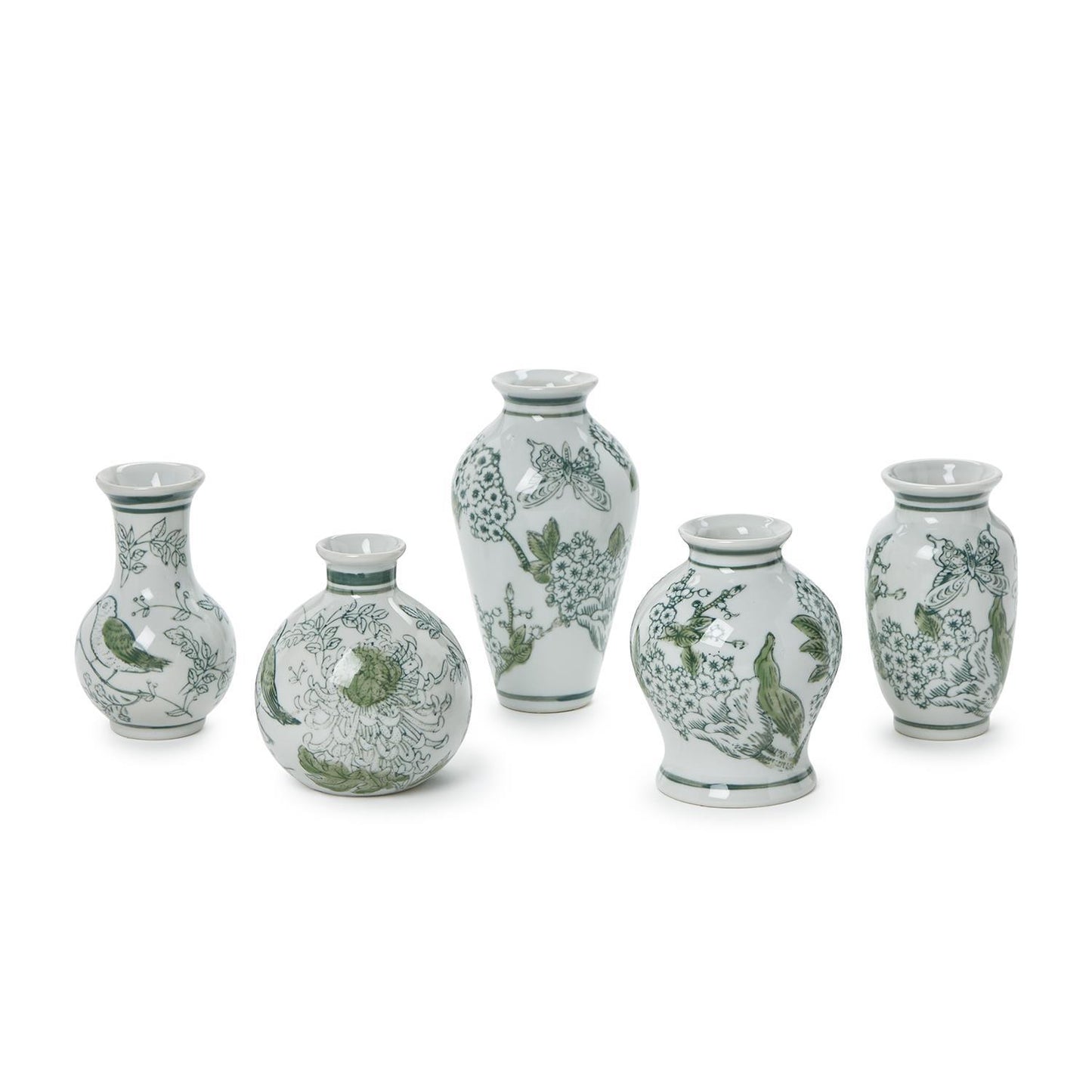 Primrose and Lotus Hand-Painted Mini Green and White Chinoiserie Vases (*Multiple Sizes*)