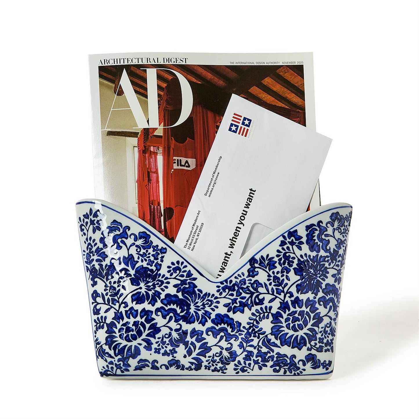 Chinoiserie Hand-Painted Blue and White Floral Letter Holder