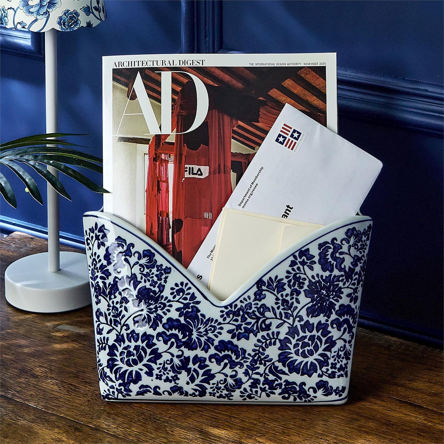 Chinoiserie Hand-Painted Blue and White Floral Letter Holder