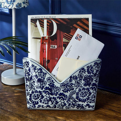 Chinoiserie Hand-Painted Blue and White Floral Letter Holder