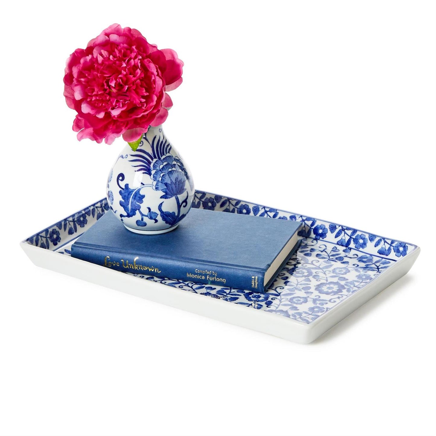 Chinoiserie Hand-Painted Blue and White Floral Tray