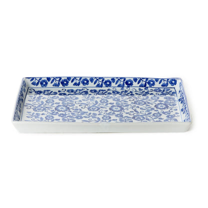 Chinoiserie Hand-Painted Blue and White Floral Tray
