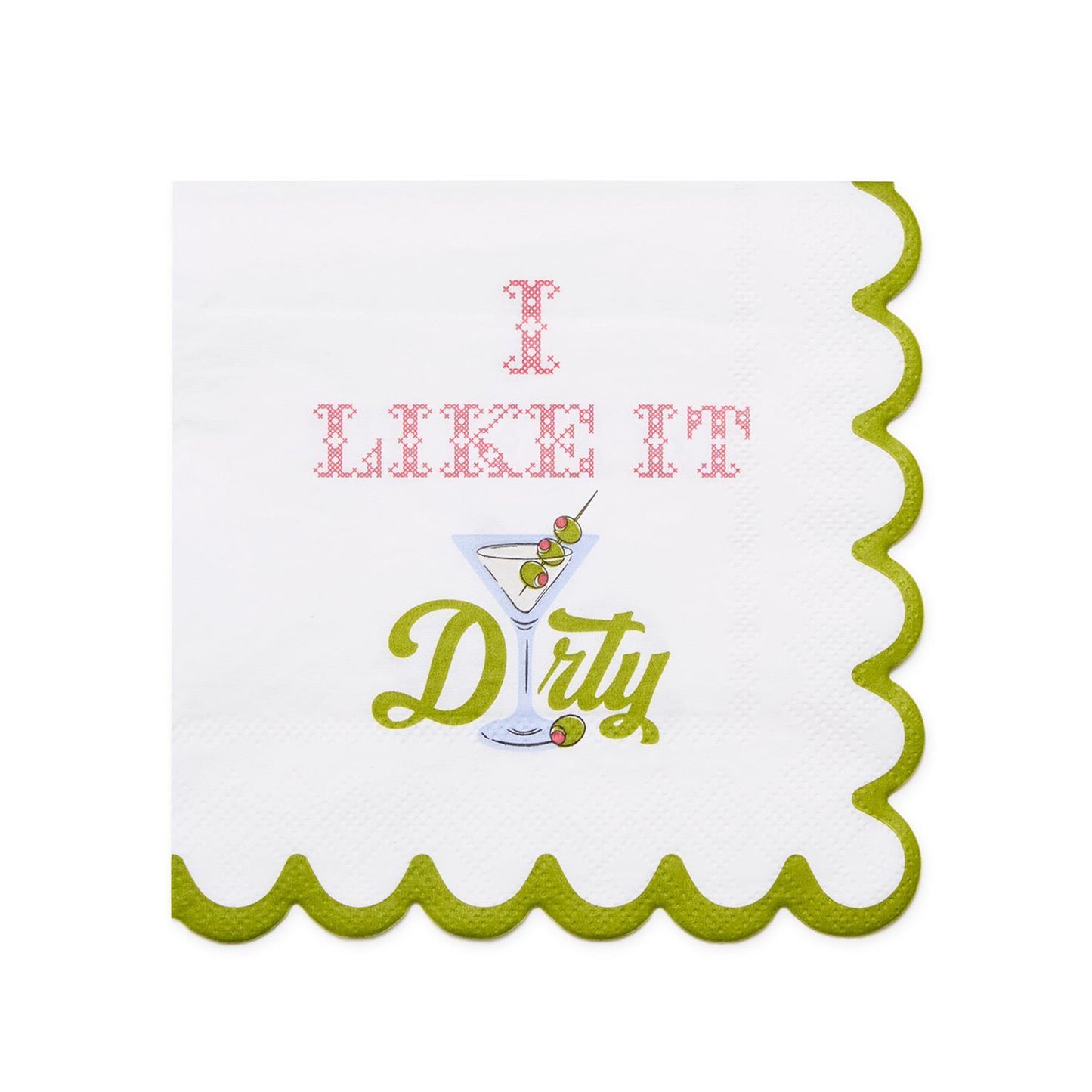 Martini and Olive I Like it Dirty 3-Ply Paper Cocktail Napkin with Scalloped Edge