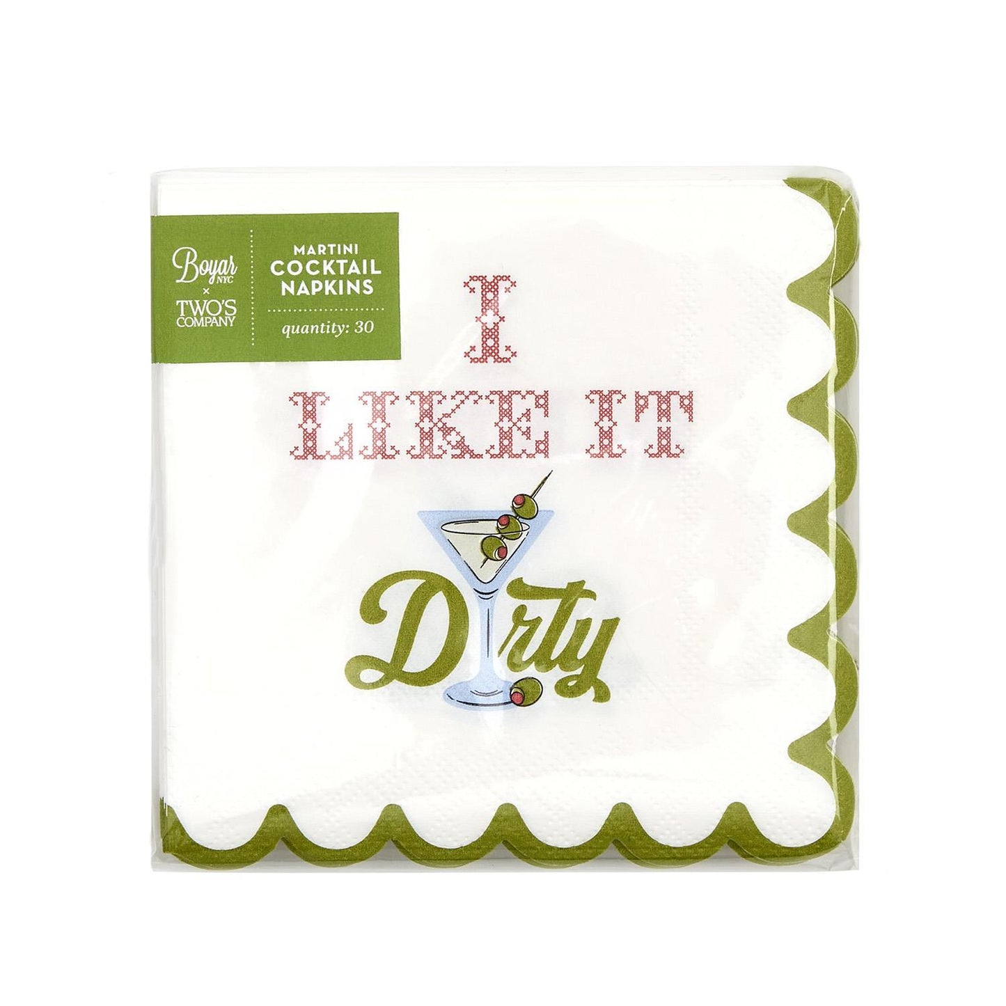 Martini and Olive I Like it Dirty 3-Ply Paper Cocktail Napkin with Scalloped Edge
