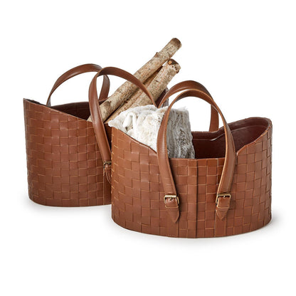 Genuine Leather Basketweave Storage Baskets