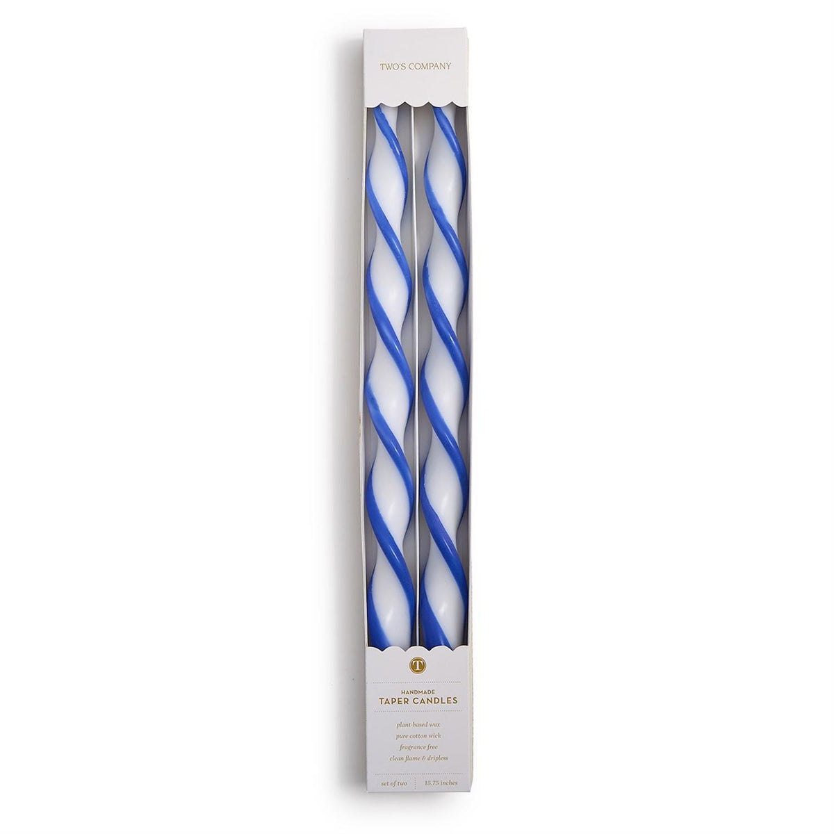Set of 2 blue and white twist taper candles in a gift box