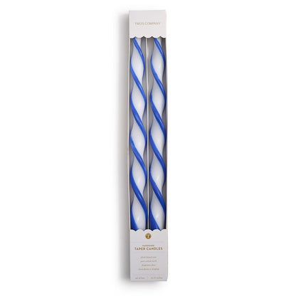 Set of 2 blue and white twist taper candles in a gift box