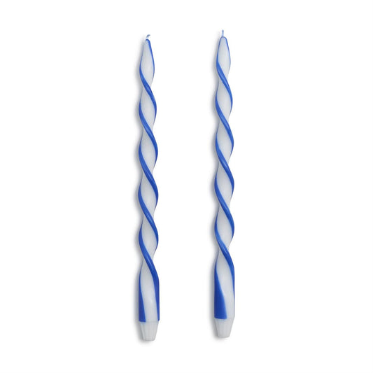Two blue ribbon twist taper candles