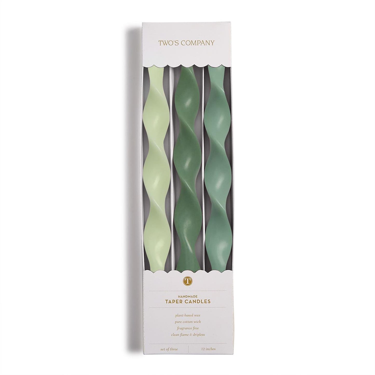 Twist and Glow Set of 3 Green Hue 12" Twist Taper Candles in Gift Box